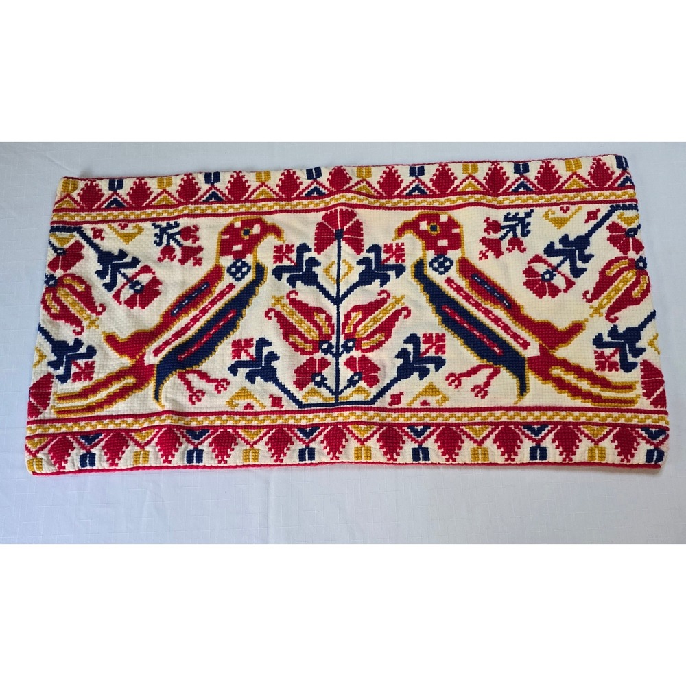 Vintage Folk Art Needlepoint Bird Lumbar Pillow Cover Red Blue Yellow 28x16